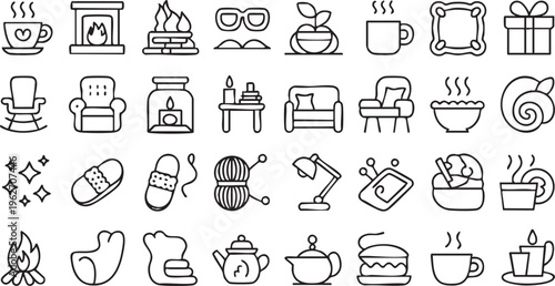 Cozy Living Icons With Fireplace Coffee And Home Comfort Design