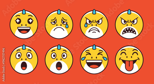 Eight emoticon faces with various expressions arranged in two rows on a solid orange background with a white space below.