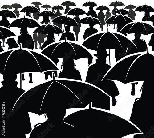 crowd of people walking in rain with umbrellas silhouette for city life concept