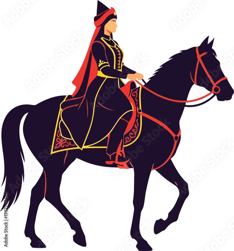 Central Asian Warrior Woman Riding Horse Traditional Nomadic Clothing Flat Design White