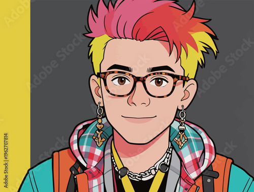 Person with colorful hair and glasses poses in front of a gray and yellow background while wearing a checkered shirt and earrings