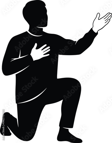 Silhouette of man kneeling with hand on chest pleading or proposing gesture