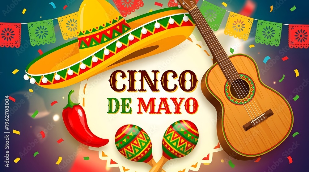 Fototapeta premium A horizontal design featuring a classic acoustic guitar, a large sombrero, and colorful bunting flags on a blurred festive background.
