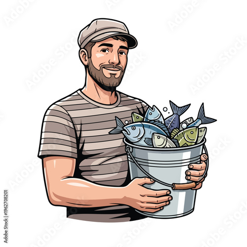 Fisherman Holding Fresh Catch in Bucket Cartoon Illustration
