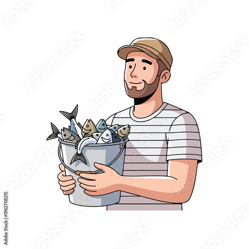 Fisherman Holding Fresh Catch in Bucket Cartoon Illustration
