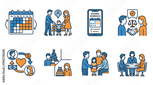 Co-parenting and Child Custody Law Icon Set for Divorce Mediation