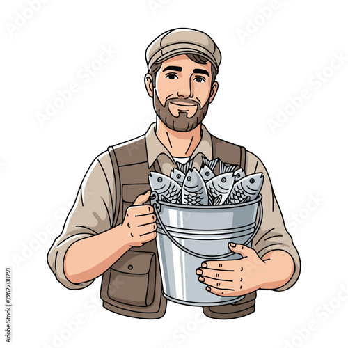 Fisherman Holding Fresh Catch in Bucket Cartoon Illustration