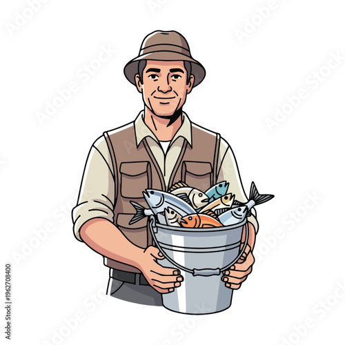 Fisherman Holding Fresh Catch in Bucket Cartoon Illustration