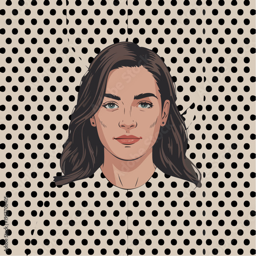 Illustration of woman's face with long brown hair on polka dot backgro