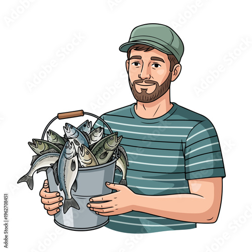 Fisherman Holding Fresh Catch in Bucket Cartoon Illustration