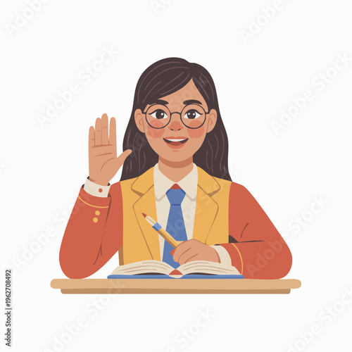 Cartoon illustration of a smiling schoolgirl waving and writing in a n