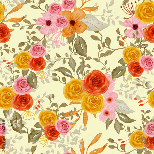 Seamless Watercolor Floral Pattern with Roses and Leaves on Yellow Background