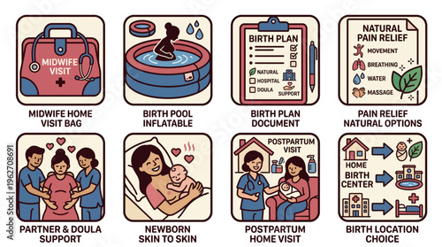 Home Birth and Midwifery Support Icons and Infographic Elements