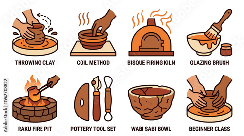 Pottery craft and ceramic making process icons vector set