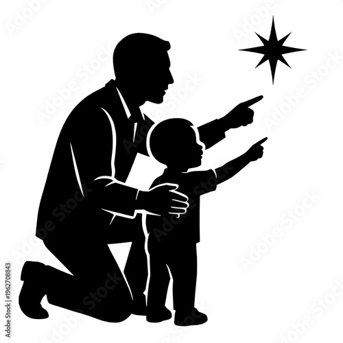 Teacher guiding student pointing towards bright star mentorship silhouette
