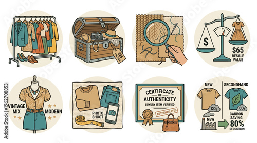 Sustainable Fashion Resale and Vintage Clothing Concept Icon Set