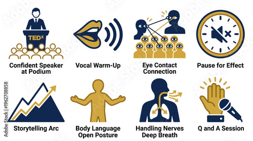 Public speaking and presentation skills icons for effective communication training