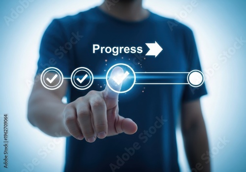 Man interacting with a progress bar and checkmarks on a blue background