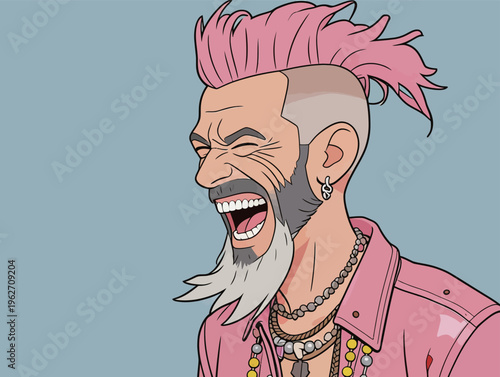 Man with pink hair laughs while wearing jewelry and a pink jacket against a blue background