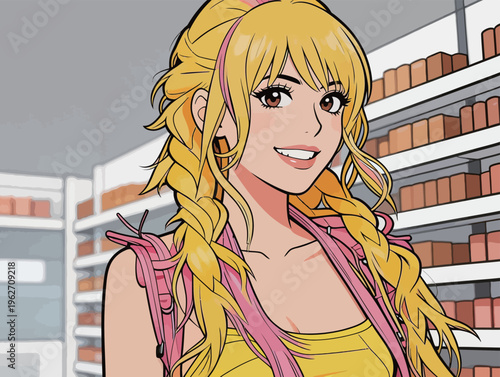 Young woman with braids smiles while standing in a cosmetic store filled with products