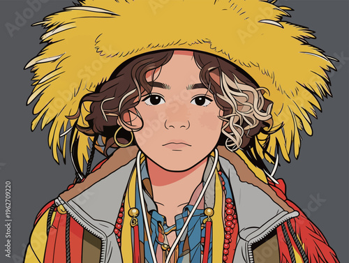 Portrait of a young person wearing colorful attire and a feather hat in a simple setting with a gray background