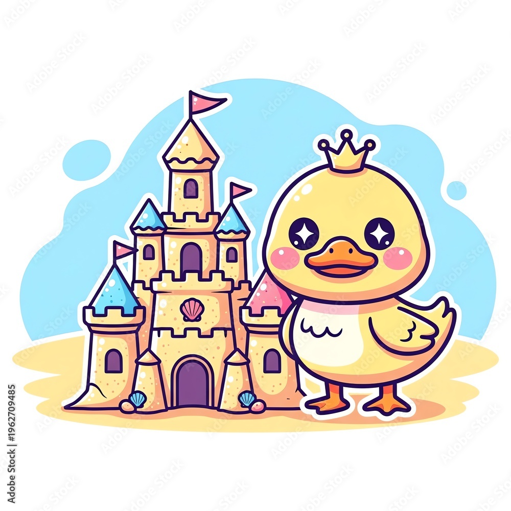Obraz premium Cute Duck Princess with Sandcastle Illustration.
