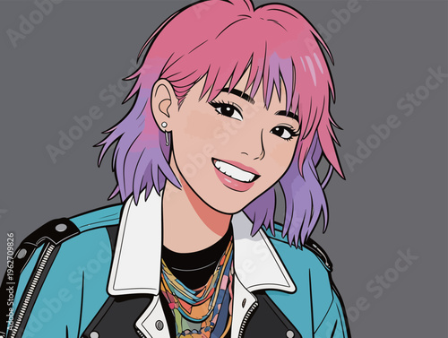 Young woman with pink and purple hair smiles while wearing a blue jacket and many necklaces in a digital art style