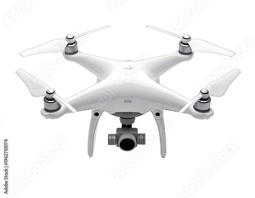 A white aerial drone with camera and four propellers on black background
