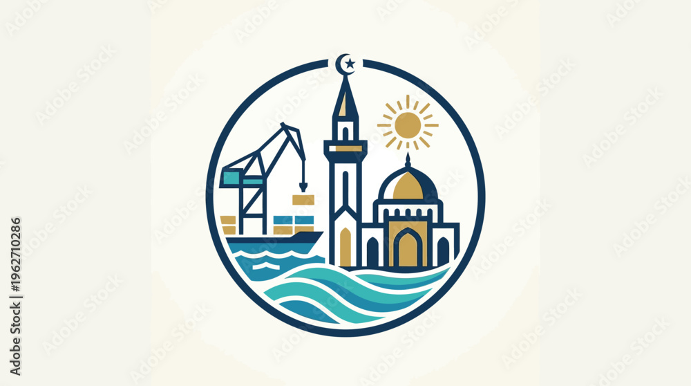 Fototapeta premium Coastal City Logo Featuring Mosque Sun and Shipping Elements