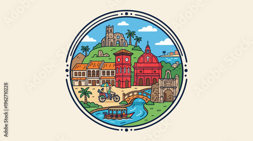 Colorful Coastal Town Scene in a Circular Frame