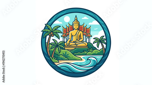 Thai Temple and Buddha Statue in a Circular Frame