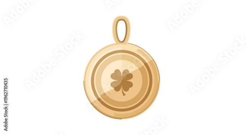 Golden Lucky Charm with Clover on White Background