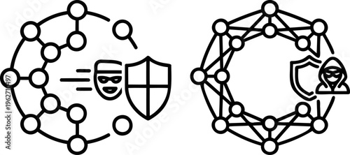 Cyber attack and hacker defense icons showing network security threats and protection