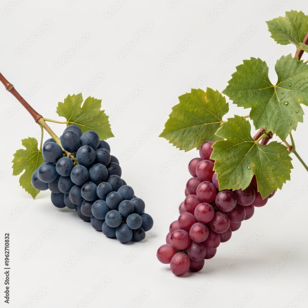 Fototapeta premium Fresh Red and Blue Grapes with Green Leaves Isolated on White Background