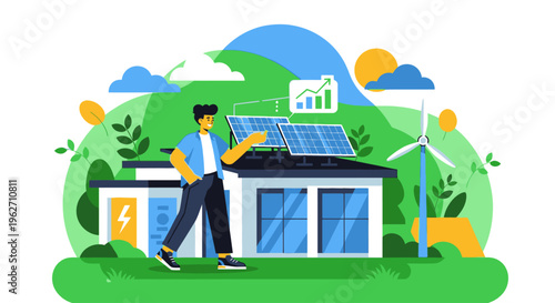 Illustration of a man installing solar panels on a house with a wind turbine and green landscape in the background, conveying an eco-friendly and sustainable living concept.