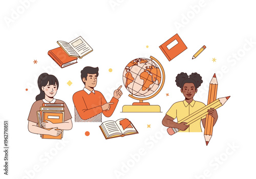 Diverse group of students and teachers engaged in learning with books, a globe, and pencils, symbolizing education and knowledge.