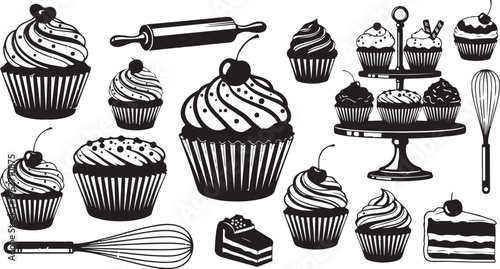 Black and white cupcake illustration with baking tools