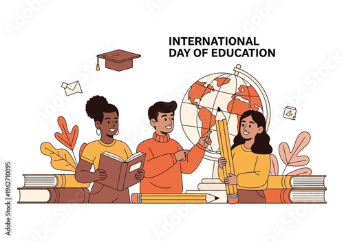 International Day of Education illustration with diverse students learning around a globe and books.