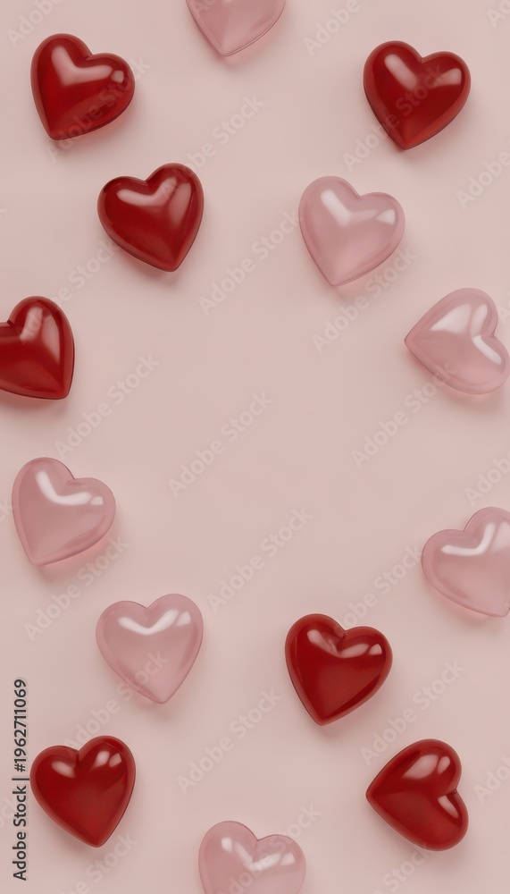 Fototapeta premium Glossy Red and Pink Heart-Shaped Candy on Pink Background for Valentine'S Day