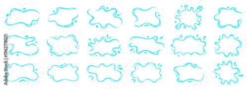 Liquid shapes icon or sign set. Symbol fluid puddles, wavy stains splashes, blue water drops blobs. Bubble watery organic forms for text. Smooth blotches soft uneven spills drip shapes frames design