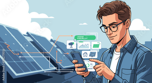 A man in a blue shirt examines a smartphone with solar panel graphics floating above it, set against a backdrop of solar panels and a blue sky with clouds.