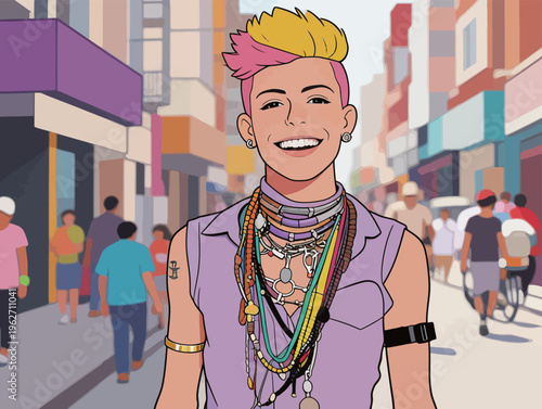 Young person with colorful hair walks in busy street wearing multiple accessories and smiling at passersby in urban area during daylight