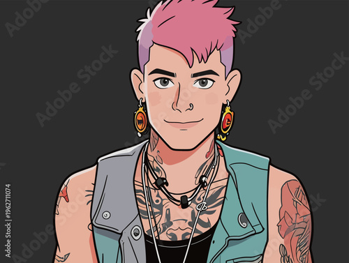 Young person with pink hair and tattoos shows style with earrings and a vest while looking at the viewer