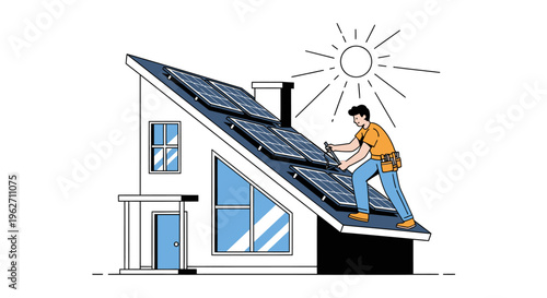 A man installing solar panels on the roof of a house with a sun in the background, using tools and wearing casual clothing.