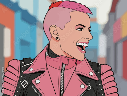 Woman with pink hair smiles in a city street while wearing a leather jacket and walking past colorful buildings