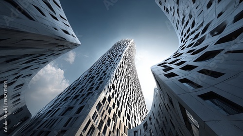 Futuristic Skyscraper Swirl Against a Bright Sky with Modern Architecture.