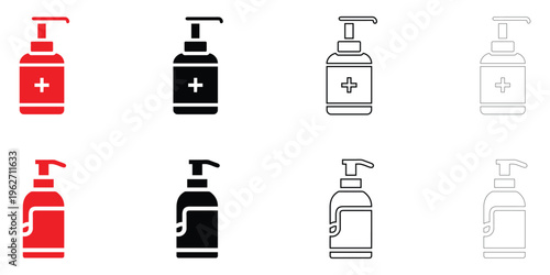Bottle with dispenser pump for liquid soap, gel or foam, soap dispenser bottle icon vector, silhouette and line art illustration