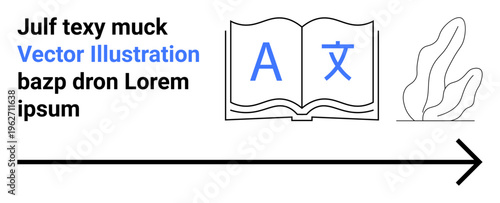 Language learning, translation tools, communication, education, content creation, multilingual skills. An open book with translation symbols, arrow and decorative plant. Language learning