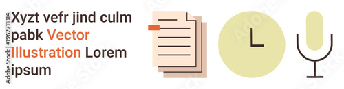 Workflow management, time tracking, content creation, communication, document editing, audio recording. Icons of paper, clock and microphone. Workflow management and time tracking concept