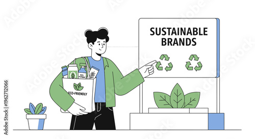 Flat illustration of a man holding eco-friendly products and pointing at a sign with recycling symbols and sustainable brands text.
